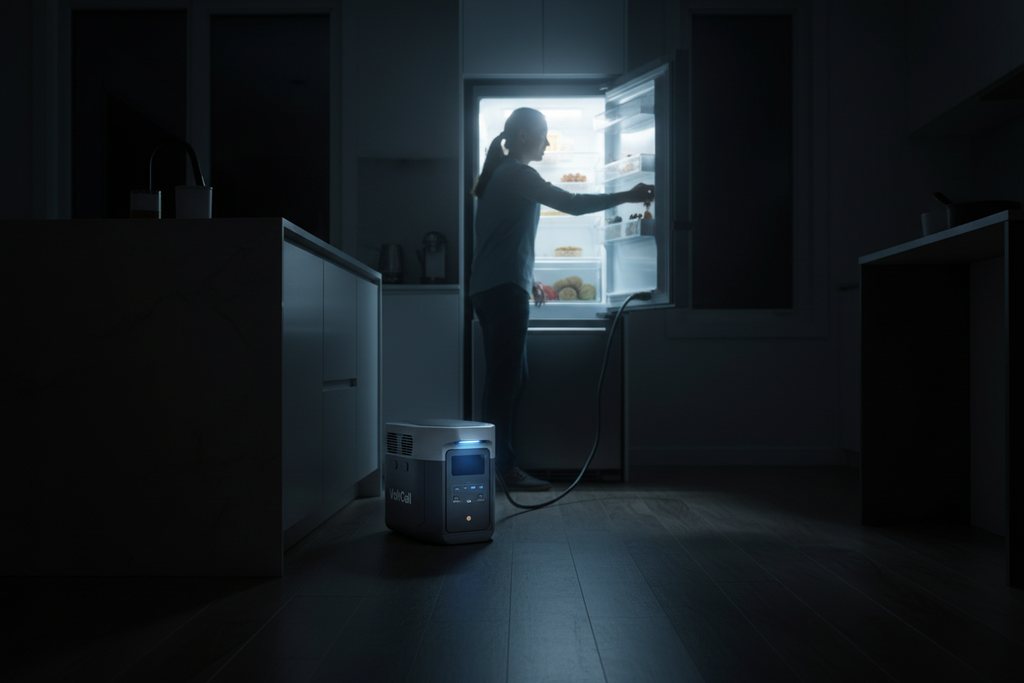 VoltCell powering fridge with back panel